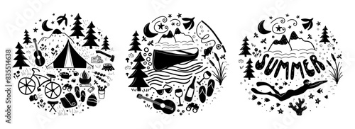 Set of 3 monochrome badges, capturing the essence of outdoor adventures. Featuring leisure gear amidst natures beauty - tent, guitar, bonfire, mountains, and more. In vector format with transparency.