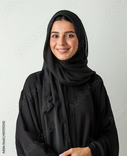 An elegant saudi gulf woman wearing a hijab stands with arms crossed isolated on the background