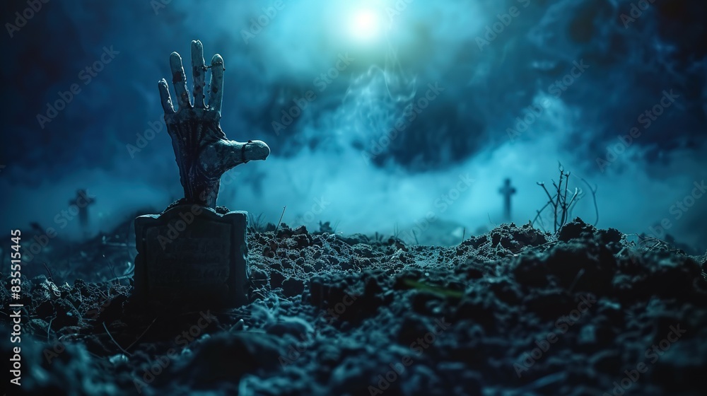 A zombie's hand emerges from the misty cemetery, reaching out from its grave A zombie's hand emerges from the misty cemetery, reaching out from its grave