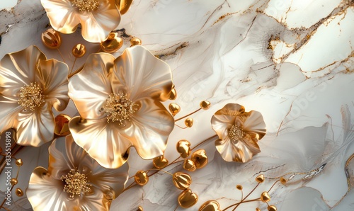 Fototapeta Naklejka Na Ścianę i Meble -  3D Gold Flowers Wallpaper Background, Brooch Flowers, Diamonds, Luxury Wallpaper for interior