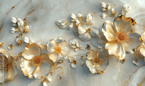 3D Gold Flowers Wallpaper Background, Brooch Flowers, Diamonds, Luxury Wallpaper for interior © Ibad