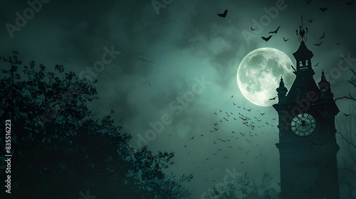 A haunted clock tower with a broken clock face, bats flying around, and a full moon in the background. halloween wallpaper