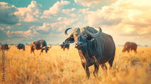 Wildlife, buffalo or herd in natural habitat relaxing on landscape for safari, expedition or travel in Africa