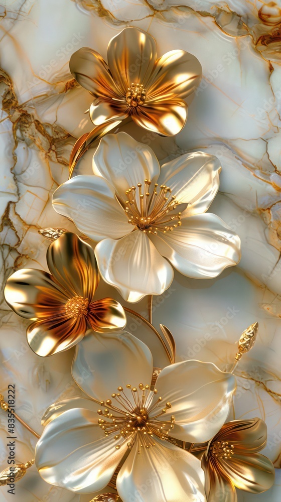 3d render, abstract background with white paper flowers and golden leaves, floral botanical wallpaper 3d render, abstract background with white paper flowers and golden leaves, floral botanical wallpaper