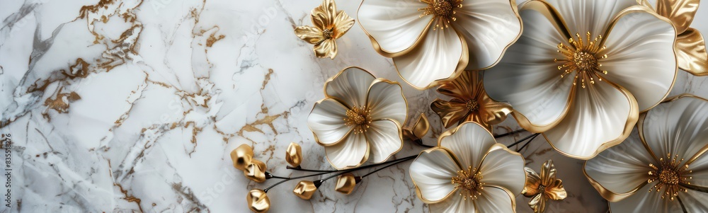3d render, abstract background with white paper flowers and golden leaves, floral botanical wallpaper 3d render, abstract background with white paper flowers and golden leaves, floral botanical wallpaper