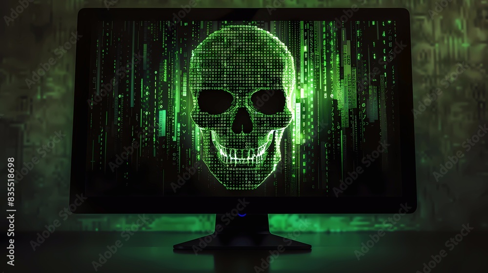 Cybersecurity background depict a lcd screen with scull made of green ...