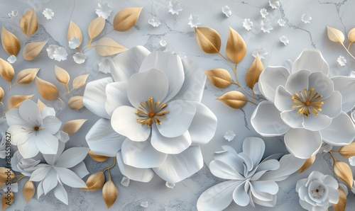 Fototapeta Naklejka Na Ścianę i Meble -  3d render, abstract background with white paper flowers and golden leaves, floral botanical wallpaper