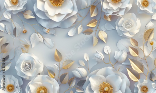 Fototapeta Naklejka Na Ścianę i Meble -  3d render, abstract background with white paper flowers and golden leaves, floral botanical wallpaper