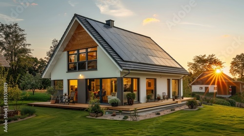 A modern suburban house at sunset with a photovoltaic solar panel system on the gable roof, reflecting the sustainable and eco-friendly design. The house displays large windows and a porch with potted