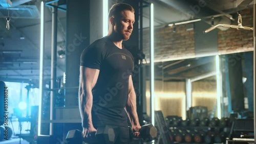 In a modern gym, a man in a black outfit focuses on building muscle strength, performing bicep curls with dumbbells. His determination and dedication to strength training are evident in his workout photo
