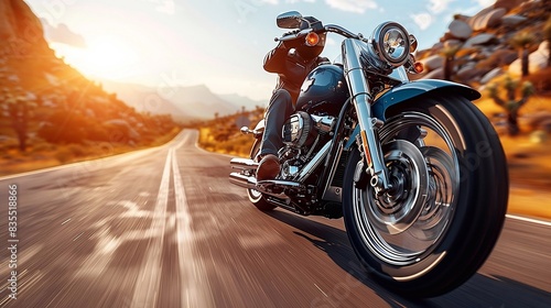 motorcyclist riding on an empty road outside the city in summer with sunlight in the background. Generative ai