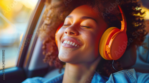 a young woman very beautiful in the passenger seat, laughing and wearing bright, oversized headphones. Generative ai