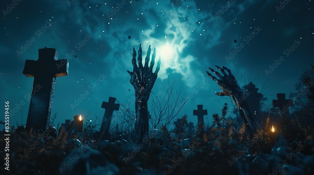 A zombie's hand emerges from the misty cemetery, reaching out from its grave A zombie's hand emerges from the misty cemetery, reaching out from its grave