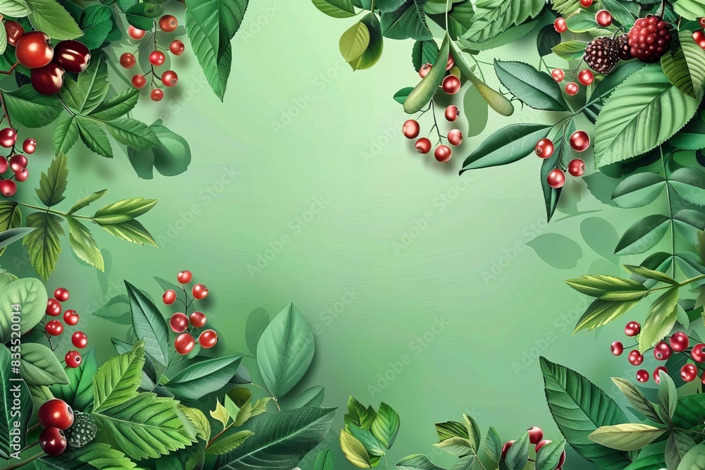 green botanical summer banner with fresh berries and leaves natural graphic background