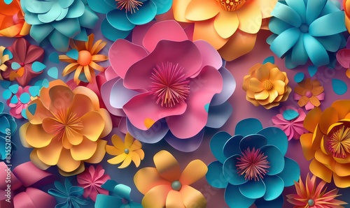 Fototapeta Naklejka Na Ścianę i Meble -  3d rendering, abstract wide panoramic floral background. Floral wallpaper with colorful paper flowers