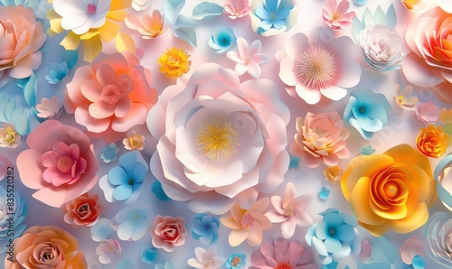Fototapeta Naklejka Na Ścianę i Meble -  3d rendering, abstract wide panoramic floral background. Floral wallpaper with colorful paper flowers