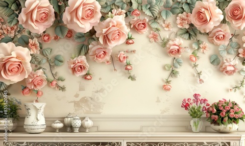 Fototapeta Naklejka Na Ścianę i Meble -  3D wallpaper for home interior classic decorations background Flowers Classic, illustration