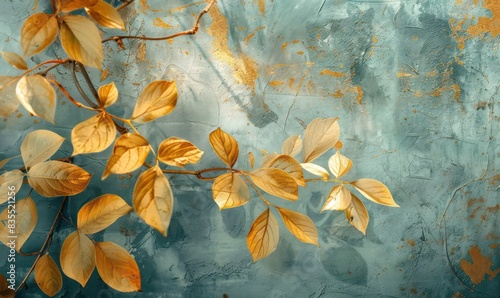 Art painted golden leaves in pastel technique on a texture wall, photo wallpaper in the interior