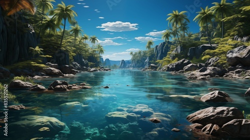 Beautiful Tropical Lake With Clear Blue Water and Verdant Palm Trees