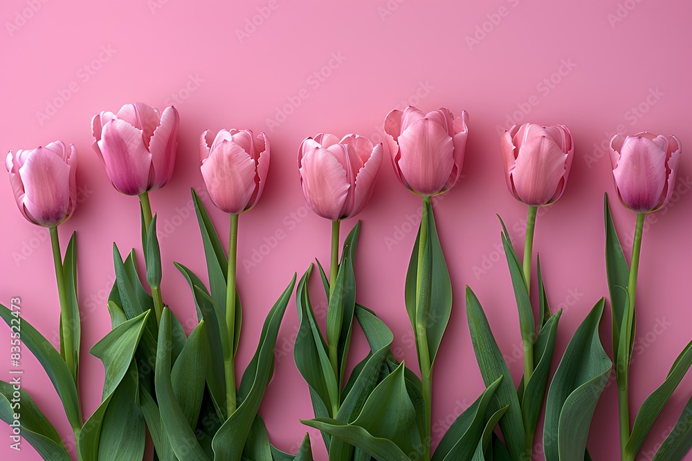 Fototapeta premium A group of pink tulips against a pink background