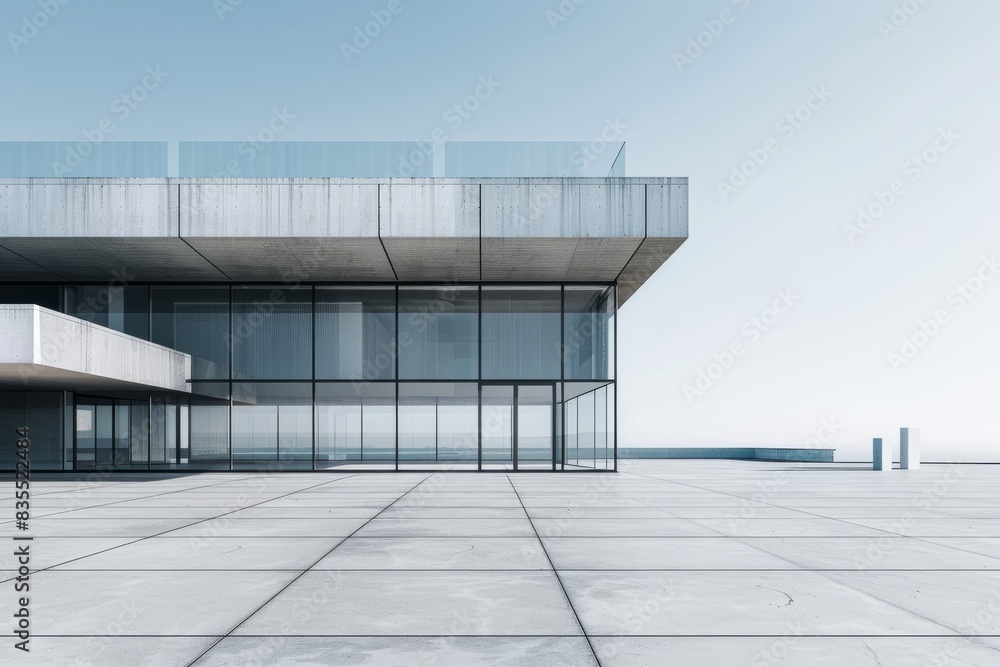 A minimalist modern building with a sleek design and large glass panels, standing on a wide, empty plaza with smooth concrete tiles and a few modernist sculptures A minimalist modern building with a sleek design and large glass panels, standing on a wide, empty plaza with smooth concrete tiles and a few modernist sculptures