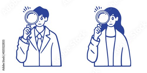 虫眼鏡を持つビジネスパーソンのイラストセット　線画