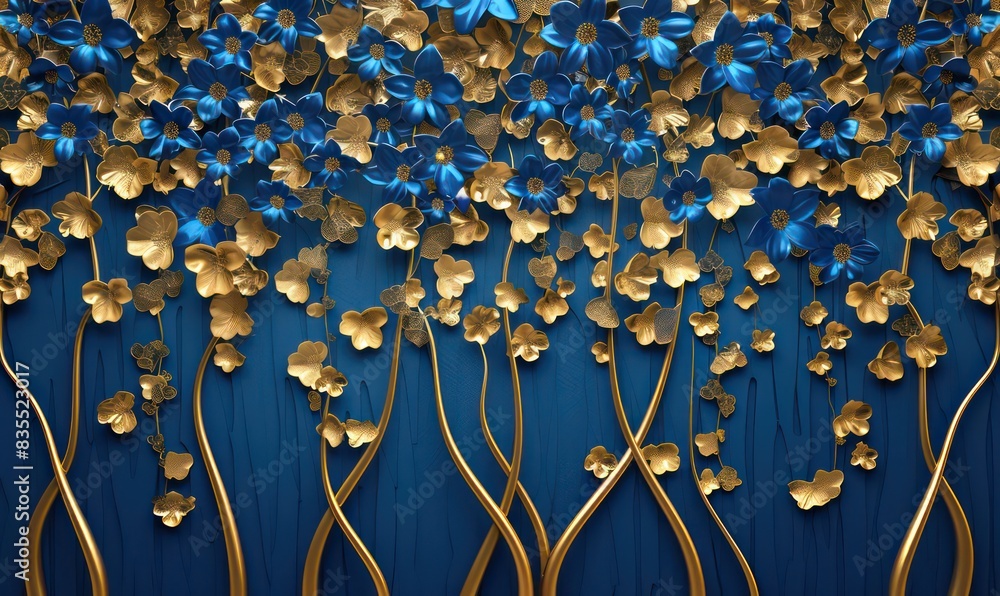 custom made wallpaper toronto digitalElegant gold and royal blue floral tree with leaves and flowers hanging branches illustration background. 3D abstraction wallpaper for interior