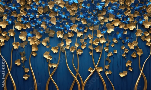 Fototapeta Naklejka Na Ścianę i Meble -  Elegant gold and royal blue floral tree with leaves and flowers hanging branches illustration background. 3D abstraction wallpaper for interior