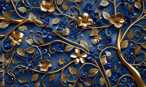 Fototapeta Naklejka Na Ścianę i Meble -  Elegant gold and royal blue floral tree with leaves and flowers hanging branches illustration background. 3D abstraction wallpaper for interior