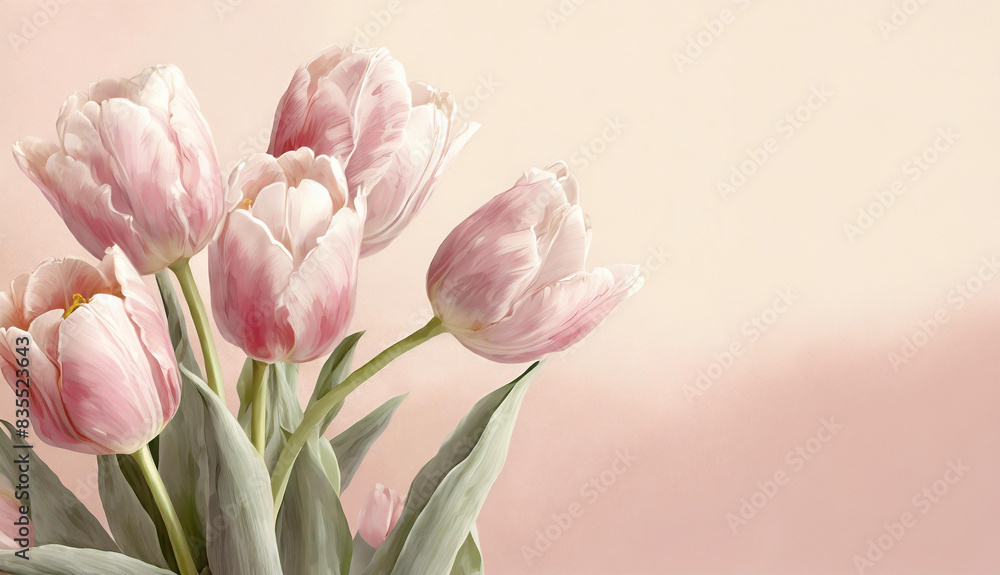 Fototapeta premium Illutration of spring pink tulip flowers on pink background top view in flat lay style. Greeting card for Womens, Mothers Day, wedding invitation or Spring Sale Banner. Generative AI.