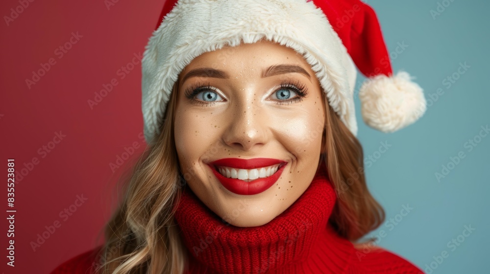 A woman wearing a red hat and a red sweater is smiling A woman wearing a red hat and a red sweater is smiling