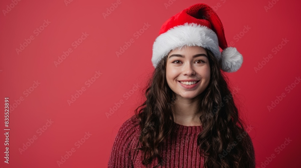 A woman wearing a red sweater and a red santa hat is smiling A woman wearing a red sweater and a red santa hat is smiling