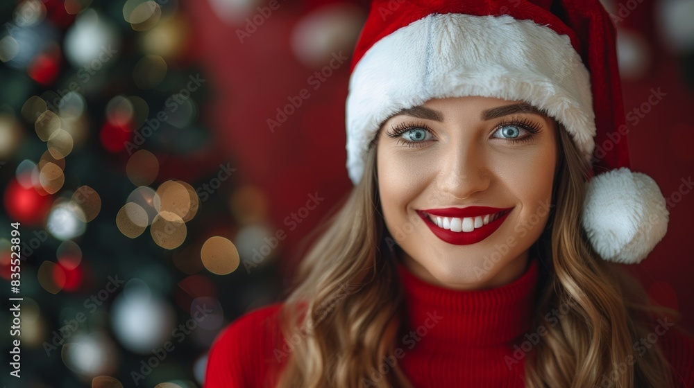 A woman wearing a red sweater and a white hat with a red bow on it A woman wearing a red sweater and a white hat with a red bow on it