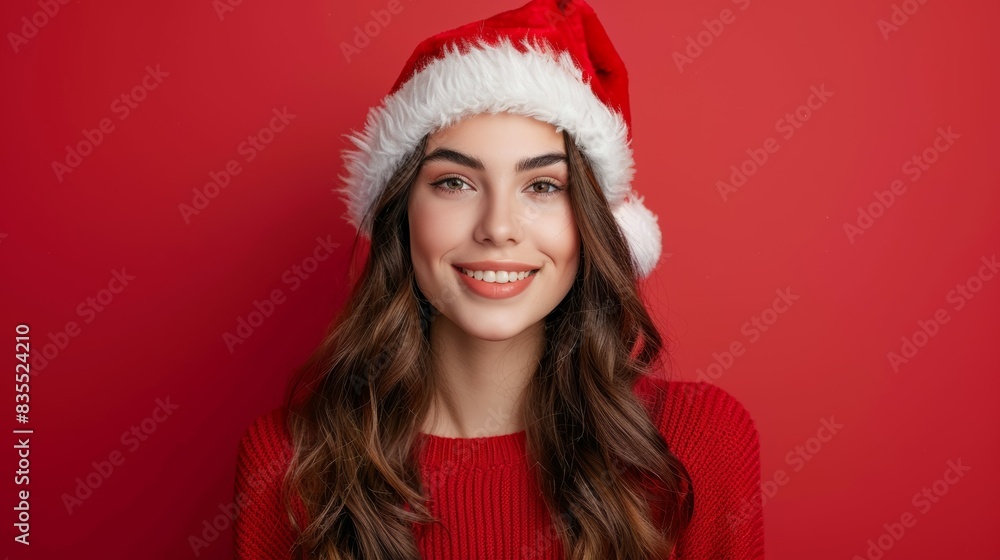 A woman wearing red sweater and a white santa hat is smiling A woman wearing red sweater and a white santa hat is smiling