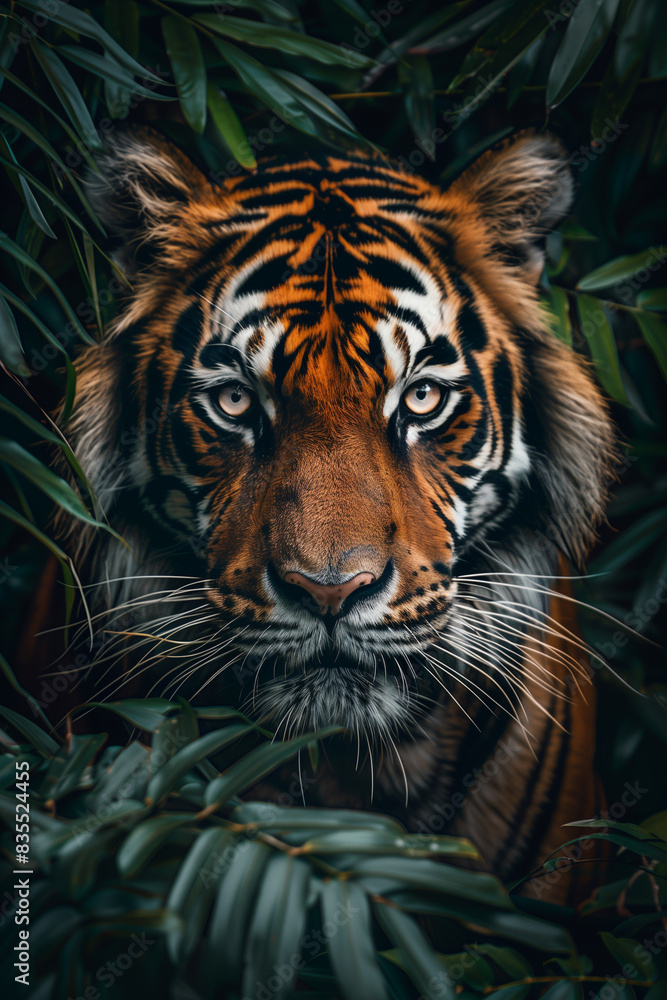 Close-up of Bengal Tiger Staring Through Jungle Foliage Close-up of Bengal Tiger Staring Through Jungle Foliage