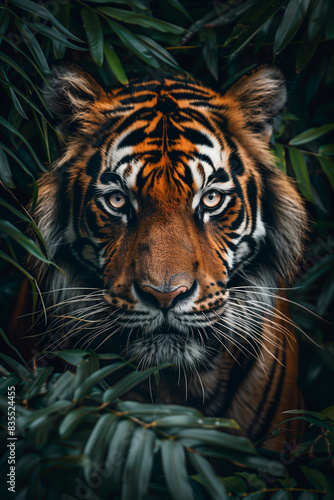 Close-up of Bengal Tiger Staring Through Jungle Foliage