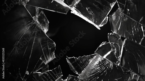 shattered broken glass car window on black background, for overlay and screen layer modes photo