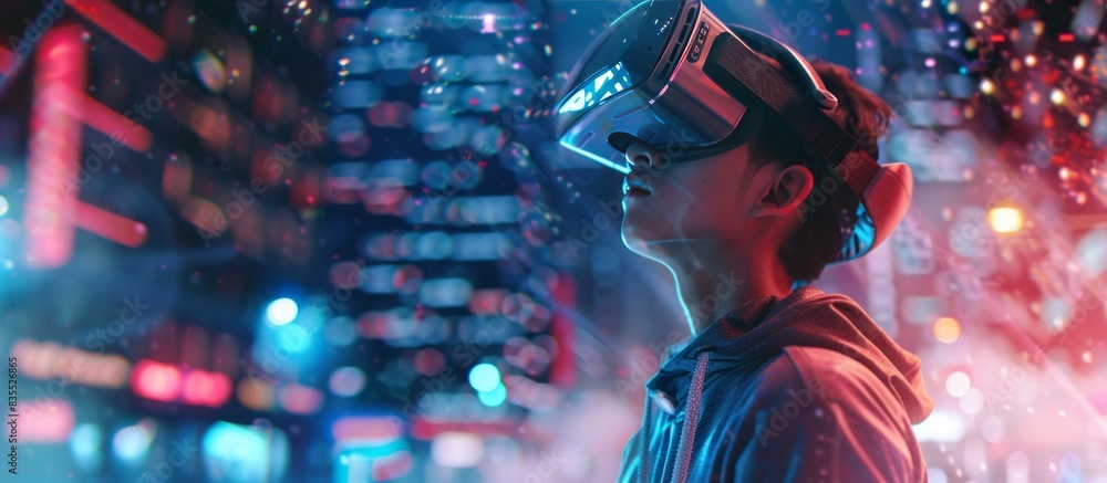 A young man wearing VR headset, playing with his goggles in a futuristic cyber world, AI. A young man wearing VR headset, playing with his goggles in a futuristic cyber world, AI.