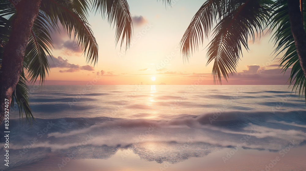 Featuring a sandy beach at sunset with tall palm trees framing the scene Featuring a sandy beach at sunset with tall palm trees framing the scene
