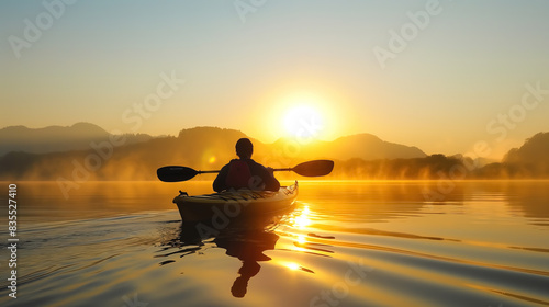 A photo of a kayaker paddling on a serene lake at sunrise