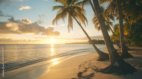 Fototapeta Naklejka Na Ścianę i Meble -   Idyllic palm-fringed beach at sunrise, a photo of a serene tropical beach at sunrise