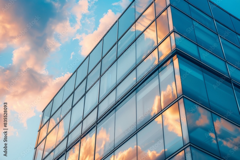 Close-up of a corner section of a glass building, with reflections of passing clouds, golden hour Close-up of a corner section of a glass building, with reflections of passing clouds, golden hour