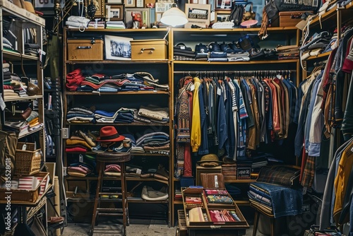 interior of second hand clothing shop or thrift store racks with used garments accessories books and household goods sustainable shopping concept photo