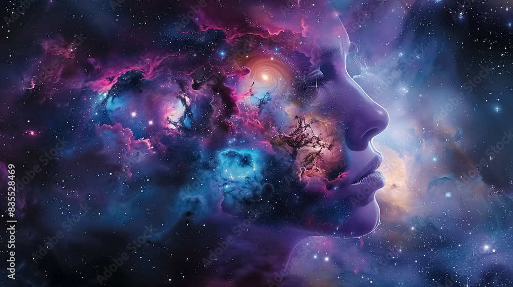 Abstract portrait of a person with their facial features merging into a cosmic scene, including galaxies, stars, and nebulae Abstract portrait of a person with their facial features merging into a cosmic scene, including galaxies, stars, and nebulae