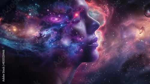 Abstract portrait of a person with their facial features merging into a cosmic scene, including galaxies, stars, and nebulae