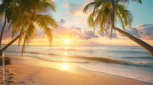 A photo featuring a sandy beach at sunset with tall palm trees framing the scene