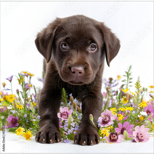 Chocolate labrador puppy walking on a meadow with different spring flowers isolated on white background, studio photography, png
 photo