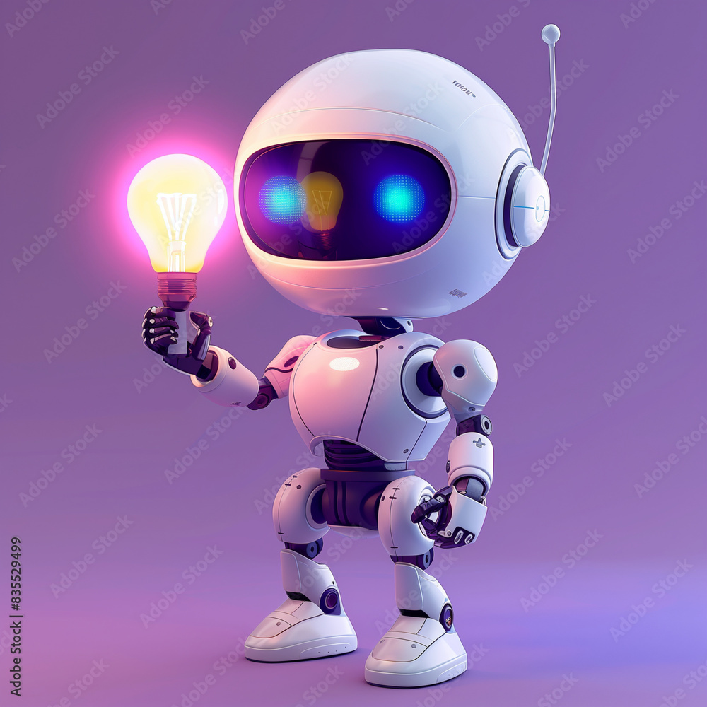 A robot is holding a light bulb in its hand. The robot is white and has blue eyes. The light bulb is glowing and is the main focus of the image A robot is holding a light bulb in its hand. The robot is white and has blue eyes. The light bulb is glowing and is the main focus of the image
