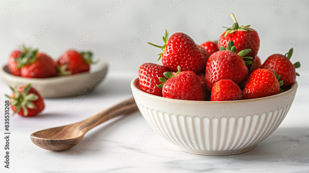 Red, juicy strawberries in a white plate on a white tabletop Red, juicy strawberries in a white plate on a white tabletop