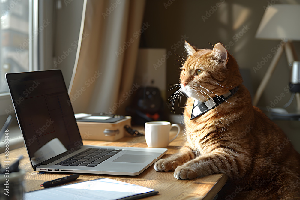 Cat businessman with black and white tie on modern office desk with laptop, sunlight streaming through a window. Neutral-colored office space with minimalistic decor, a coffee cup, and a notepad Cat businessman with black and white tie on modern office desk with laptop, sunlight streaming through a window. Neutral-colored office space with minimalistic decor, a coffee cup, and a notepad